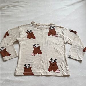 Zara Kids Festive Reindeer Long Sleeve Tee - Cream and Brown Size 3-4 Years